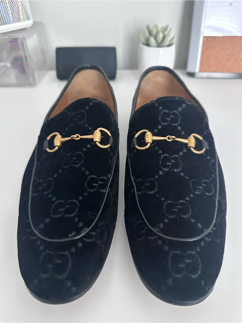 Gucci Black Velvet Horsebit Loafers with GG Monogram